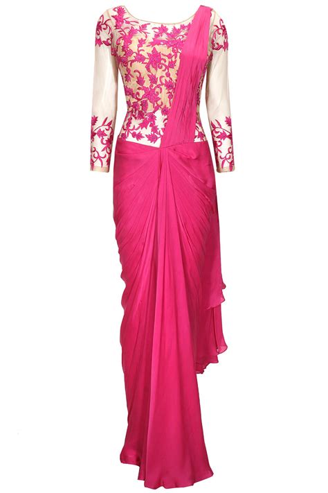 Pink Floral Embroidered Pre Stitched Sari Gown Available Only At