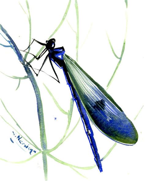 Dragonfly Art Painting Original Watercolor 8 X 6 In BLUE GREEN Wall