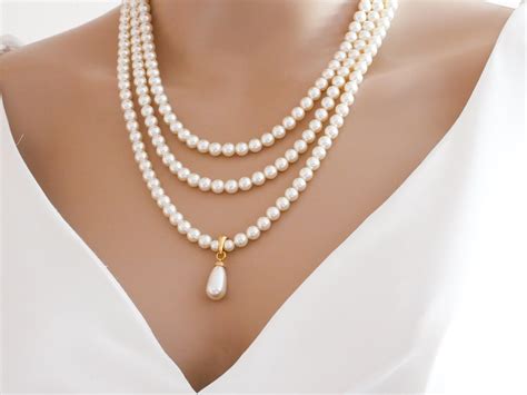 Triple Strand Pearl Necklace Vintage Style Layered Silver Gold Or