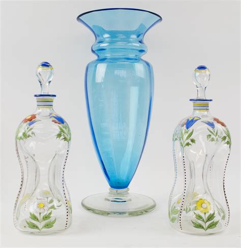 A Tall Turquoise Glass Vase 45cm H And A Pair Of Painted Decanters Of Pinched Design 33cm H 3