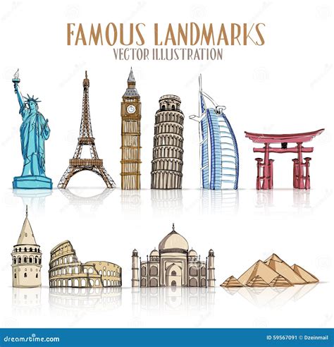 Set Of Colorful Drawing Of Famous And Popular Landmarks Stock Vector