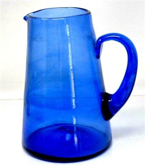 Vtg Hand Made Cobalt Blue Glass Pitcher 8 High One Of A Kind Heavy Ebay