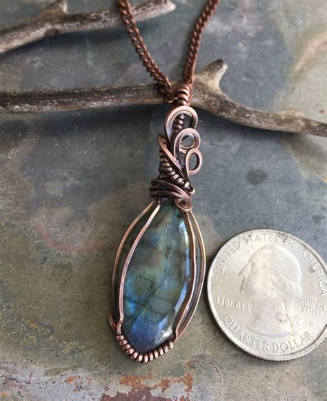 Wire Wrapped Labradorite Necklace In Antique Copper Blue Green Gold