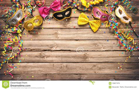 Colorful Carnival Or Party Frame Of Masks Streamers And Confetti Stock