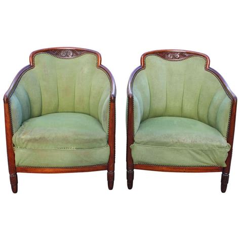Pair French Art Deco Solid Carved Mahogany Club Chairs Circa 1940s At