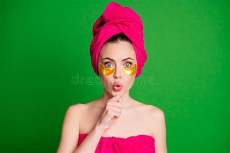 Lady After Shower Use Under Eyes Patches Big Shocked Eyes Hand Chin Wear Towels On Body Head
