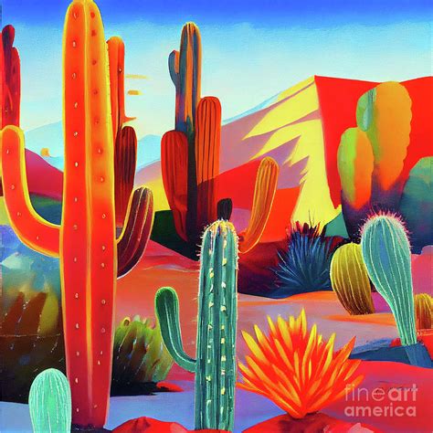 Digital Painting Of Desert Cacti In Warm And Bright Colors Digital Art