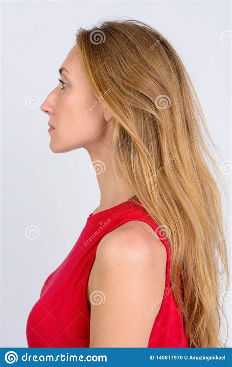 Head Shot Profile View Of Young Beautiful Blonde Woman Stock Photo