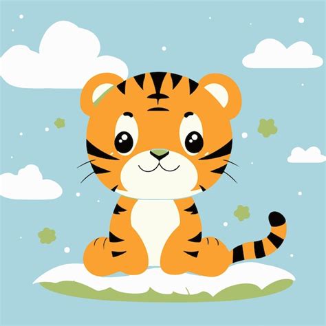 um tigre de desenho animado sentado sobre um fundo azul com nuvens e as palavras tigre nele