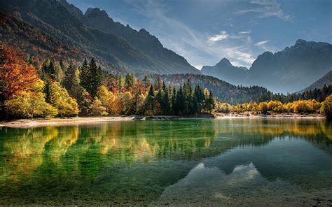 Calm Body Of Water Surrounded With Trees And Mountains Hd Wallpaper