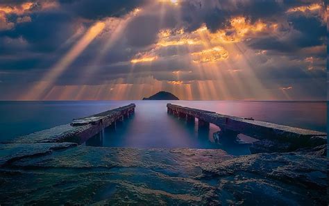 1369x859 Sunrise Sea Sun Rays Clouds Island Coast Dock Water Blue