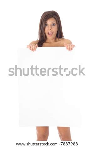 Naked Brunette Holding A Blank Sign Upclose Stock Photo