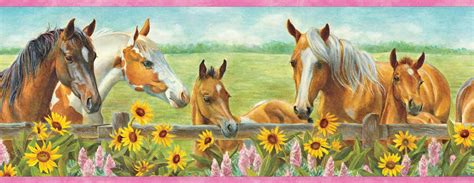 Brewster Wallcovering Harmony Pink Horses Sunflowers Portrait Border