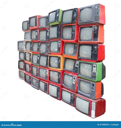 Group Of Old Vintage Televisions Isolated With Clipping Path Stock