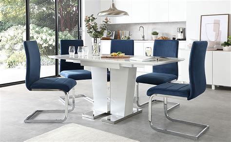 Dorel living aubrey 5 piece pedestal dining set. Vienna White High Gloss Extending Dining Table with 6 Perth Blue Velvet Chairs | Furniture Choice