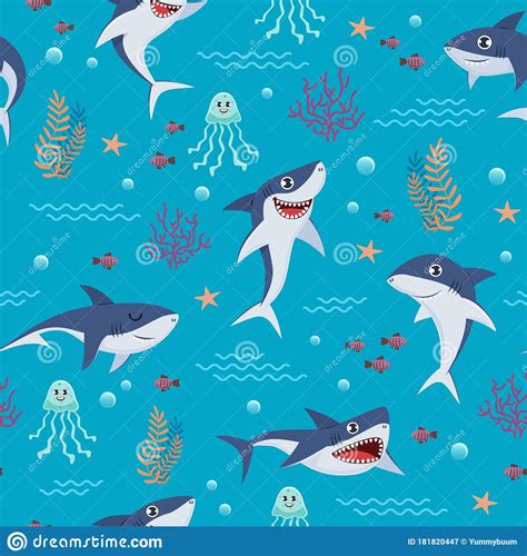 Cartoon Sharks Pattern Seamless Background With Cute Marine Fishes