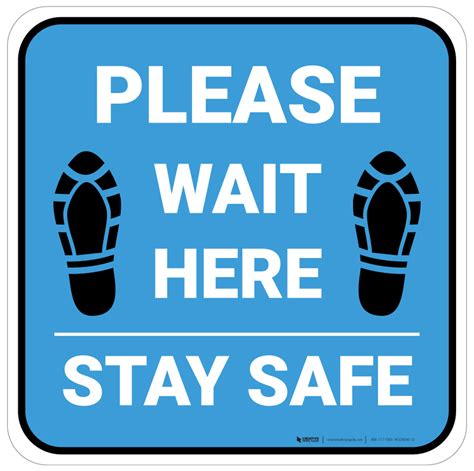 Please Wait Here Stay Safe Shoe Prints Blue Square Floor Sign