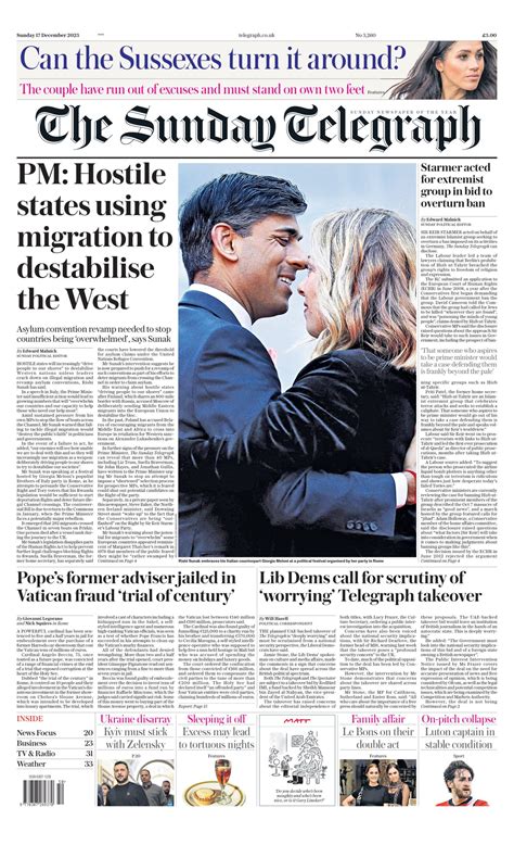 Sunday Telegraph Front Page Th Of December Tomorrow S Papers