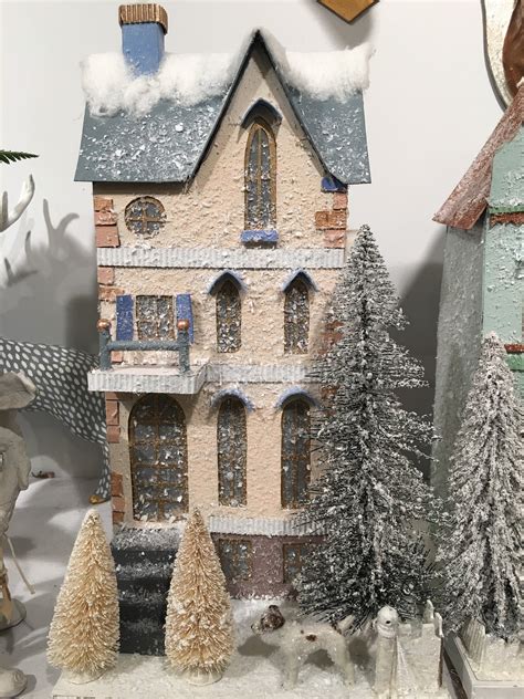 Winter Townhouse With Dog Christmas Paper Putz House Glitter Houses