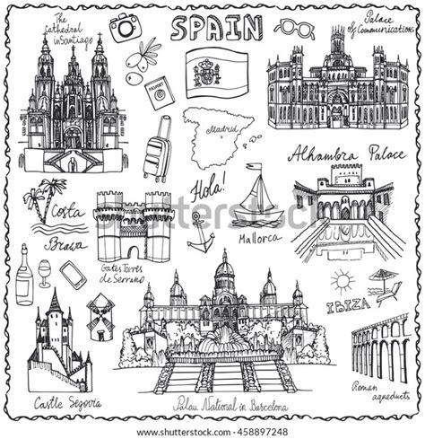 Spain Doodle Landmarksvector Famous Architectural Symbolshand Stock Vector Royalty Free 458897248