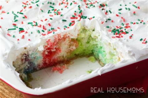 Poke holes in a white cake, pour fruit flavored gelatin over that. Christmas Rainbow Poke Cake ⋆ Real Housemoms