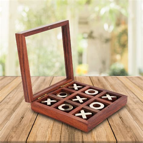 Wooden Tic Tac Toe Game With Glass Lid