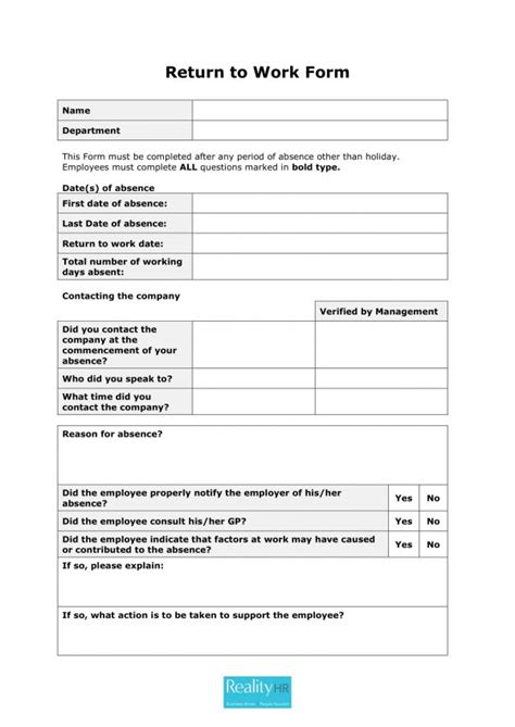 Free Return To Work Form Template