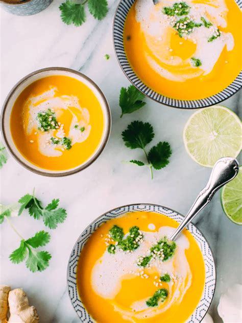 Thai Carrot And Sweet Pepper Coconut Soup With Cilantro Pesto Paleo