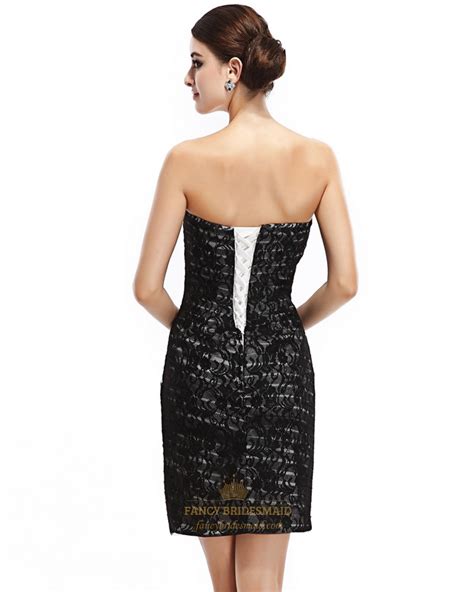 black strapless lace short sheath cocktail dress with beaded trim fancy bridesmaid dresses
