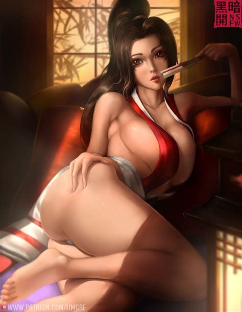 Limgae Shiranui Mai Fatal Fury Snk The King Of Fighters 1girl Barefoot Breasts Brown