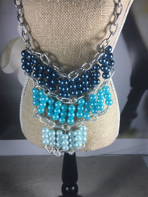 Blue Ombre Statement Necklace Silver Chain Blue Ombre Etsy