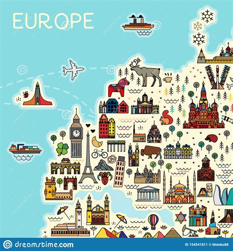 Europe Map With Famous Sightseeing Travel Guide Vector Stock