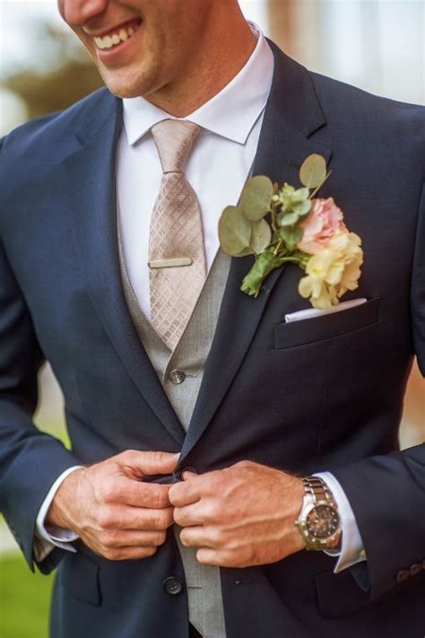 Groom In Navy Grey And Champagne Suit And Tie Mens Wedding Attire
