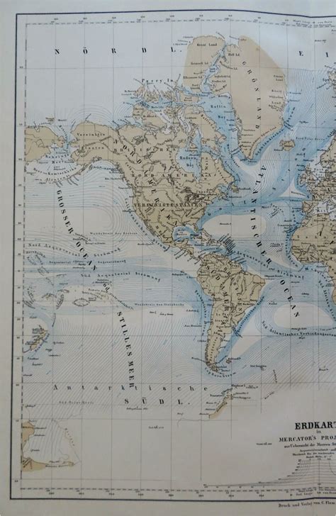 World Map Mercators Projection Oceans Southern Continent 1886 Flemming