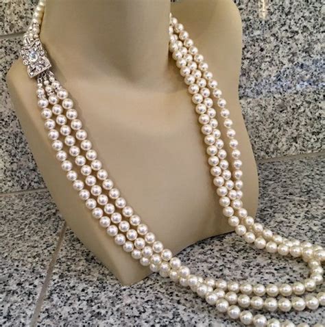 Long Pearl Necklace Set With Earrings Rhinestone Clasp Strands Swarovski Pearls White Cream