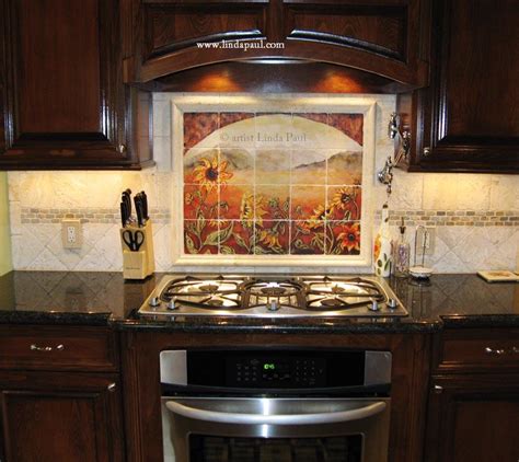 Don't forget to download this kitchen tile backsplash menards for your home improvement reference, and view full page gallery as well. sunflowers tile backsplash by Linda Paul