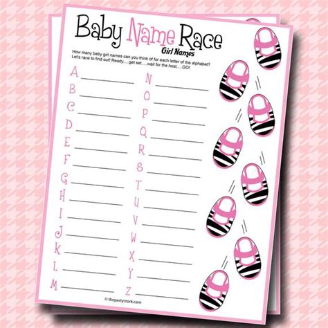 The guest who has the most correct answers wins. Baby Name Race Baby Shower Game Girl Zebra Theme PRINTABLE