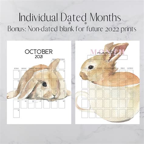 2021 Bunny Calendar Printable Rabbit Monthly Calendar Desk Etsy