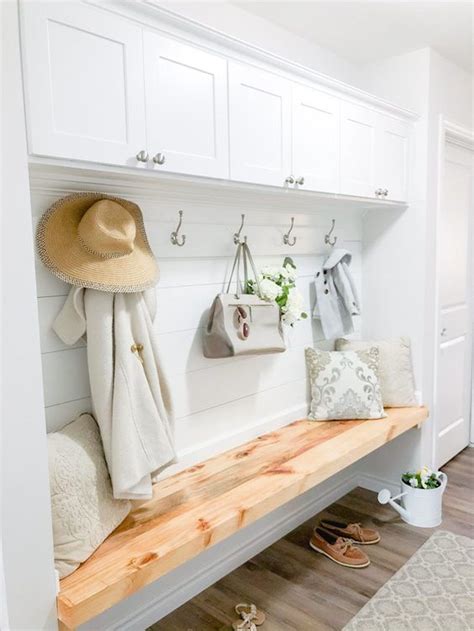 White Mudroom Bench Floating With Hooks And White Cabinets With White