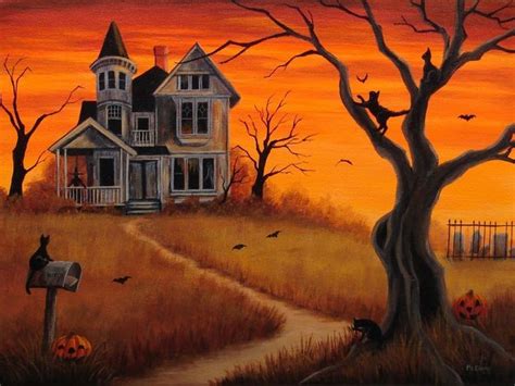 A Painting Of A Creepy House In The Middle Of A Field With Pumpkins And