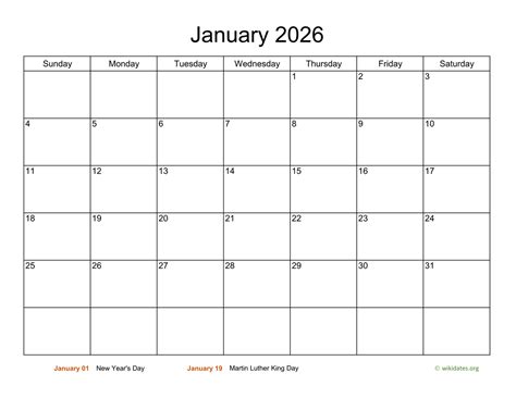 Basic Calendar For January 2026