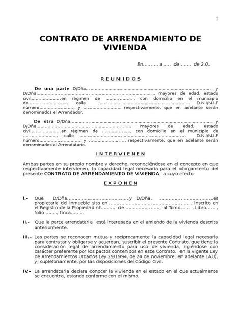Ejemplo Contrato De Alquiler Vivienda Alquiler Vivienda Contrato De Arrendamiento Contrato
