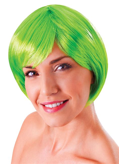 Ladies Short Neon Green Bob Flick Wig And Fringe 80s Disco China Doll