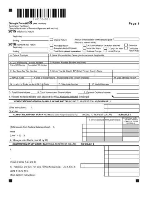 Fillable Georgia Form 600s Corporation Tax Return 2015 Printable