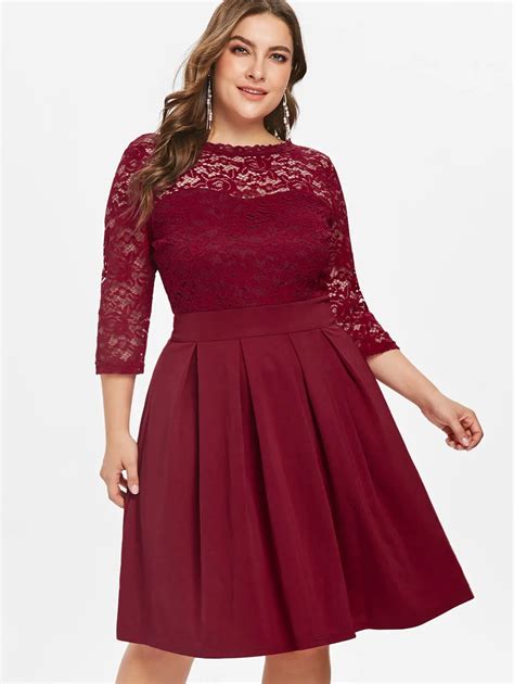 Buy Wipalo Round Neck Plus Size Lace Panel A Line