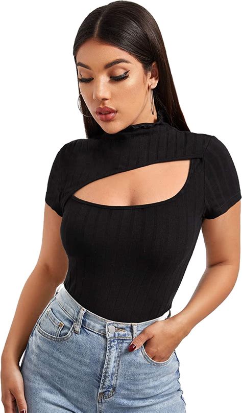 Shein Camiseta De Manga Corta Para Mujer Con Cuello Alto Y Ribete De Volantes Negro L Amazon