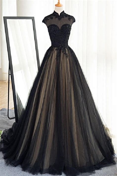 vintage prom dress ball gown elegant black tulle long prom dress with cap sleeves prom