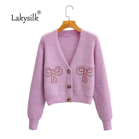 women purple cardigan sweater sexy v neck knitted bow single breasted office ladies full sleeve