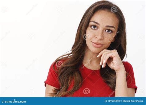 Close Up Sensual Flirty Brunette With Freckles In Red T Shirt Tilt Head Coquettish Smiling