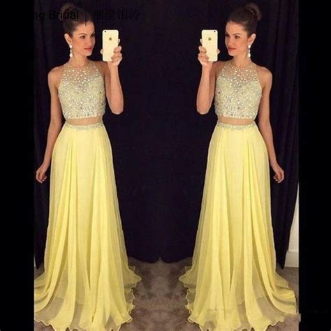 2016 Evening Dresses A Line Beaded Two Pieces Prom Dresses Yellow